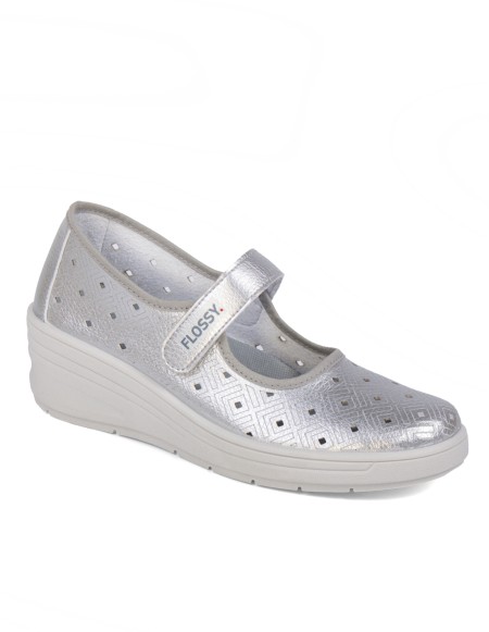 Zapato de cuña cinta velcro color plata