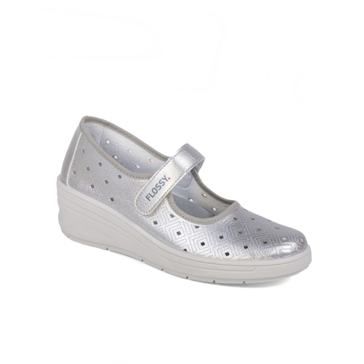 Zapato de cuña cinta velcro color plata