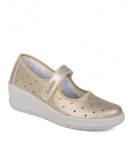 Zapato de cuña cinta velcro color oro