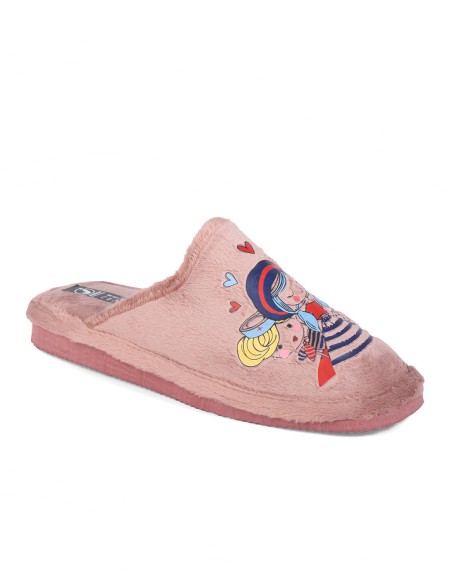 Zapatillas de casa abiertas con estampado de muñeca