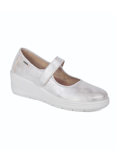 Zapatos con cuña mujer cinta velcro color plata