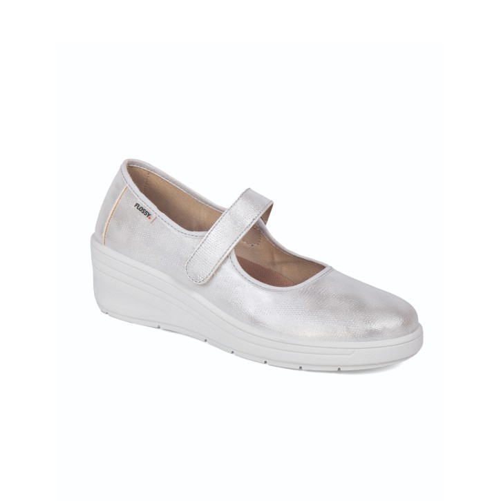Zapatos con cuña mujer cinta velcro color plata